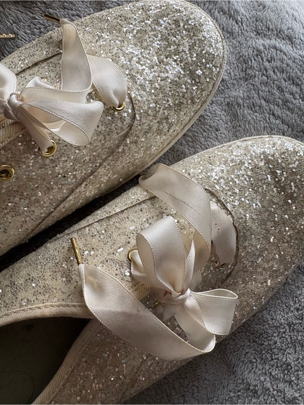 kate spade Glitter Ribbon Lace-Up Flats in Champagne